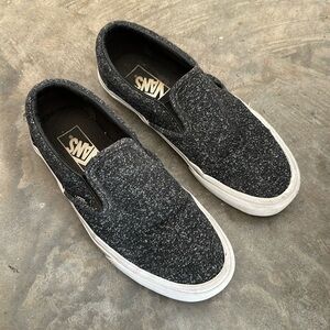 Vans women’s or men’s black and white tweed classic slip on shoes sneakers
